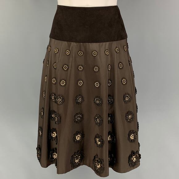 NAEEM KHAN Size 4 Brown Gold Silk Applique Circle Skirt
